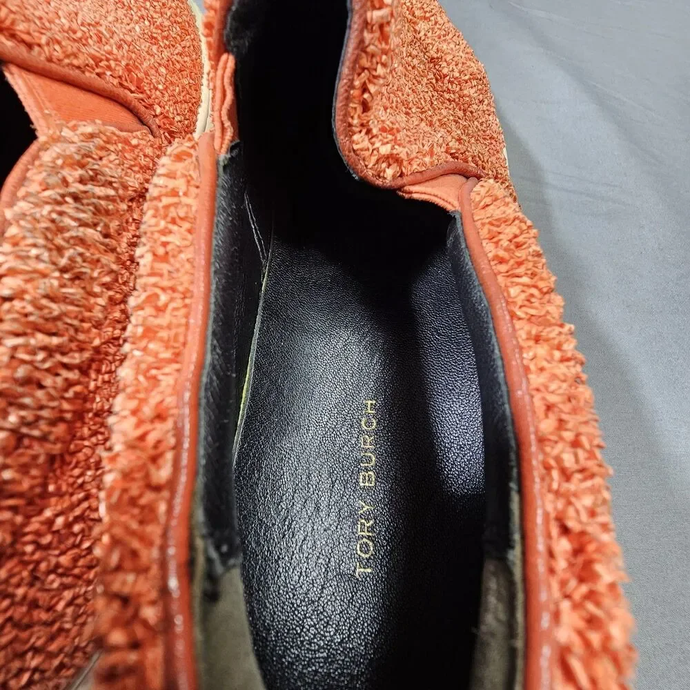Tory Burch Howell Slip On Sneakers Womens 7.5 Orange Boucle Raffia Shoes 149646
